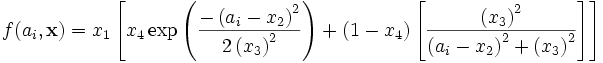 f(a_i, \mathbf {x}) = x_1 \left [ x_4
\exp \left ( \frac {- \left (a_i - x_2 \right ) ^2 } {2 \left ( x_3 \right ) ^2} \right ) 
+ \left ( 1-x_4 \right )
\left [ 
\frac { \left (x_3 \right )^2}
{\left ( a_i -x_2 \right ) ^2 + \left ( x_3 \right ) ^2}
\right ]
\right ]