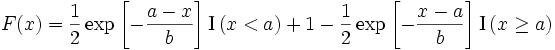 F(x) = \frac {1} {2} \exp \left [ - \frac {a-x} {b} \right ] \mathrm {I} \left ( x<a \right) +1 - \frac {1} {2} \exp \left [ - \frac {x-a} {b} \right ] \mathrm {I} \left ( x \ge a \right )