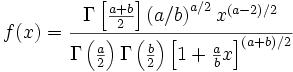 f(x) = \frac { \Gamma \left [ \frac {a+b} {2} \right ] \left ( a/b \right )^{a/2} x^{\left ( a-2 \right ) /2}} {\Gamma \left ( \frac {a} {2} \right ) \Gamma \left ( \frac {b} {2} \right ) \left [ 1+ \frac {a} {b} x \right ] ^{\left ( a+b \right )/2}}