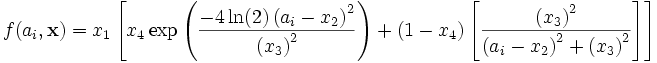 f(a_i, \mathbf {x}) = x_1 \left [ x_4
\exp \left ( \frac {-4 \ln(2) \left (a_i - x_2 \right ) ^2 } {\left ( x_3 \right ) ^2} \right ) 
+ \left ( 1-x_4 \right )
\left [ 
\frac { \left (x_3 \right )^2}
{\left ( a_i -x_2 \right ) ^2 + \left ( x_3 \right ) ^2}
\right ]
\right ]