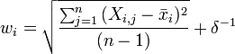 w_i = \sqrt{\frac{\sum_{j=1}^{n}{(X_{i,j}-\bar{x}_i)^2}}{(n-1)}}+\delta^{-1}