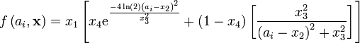 f\left( {{a}_{i}},\mathbf{x} \right)={{x}_{1}}\left[ {{x}_{4}}{{\operatorname{e}}^{\frac{-4\ln \left( 2 \right){{\left( {{a}_{i}}-{{x}_{2}} \right)}^{2}}}{x_{3}^{2}}}}+\left( 1-{{x}_{4}} \right)\left[ \frac{x_{3}^{2}}{{{\left( {{a}_{i}}-{{x}_{2}} \right)}^{2}}+x_{3}^{2}} \right] \right]